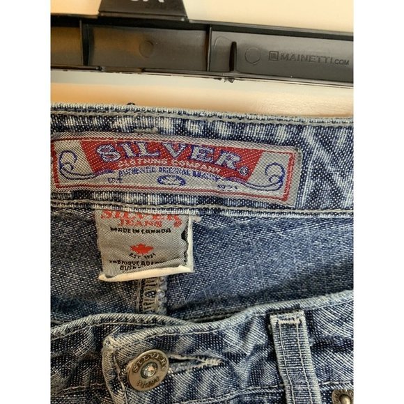 Womens Silver 30/31 Distressed Faded Button Fly Flare Blue Jeans Jewel - Picture 7 of 11